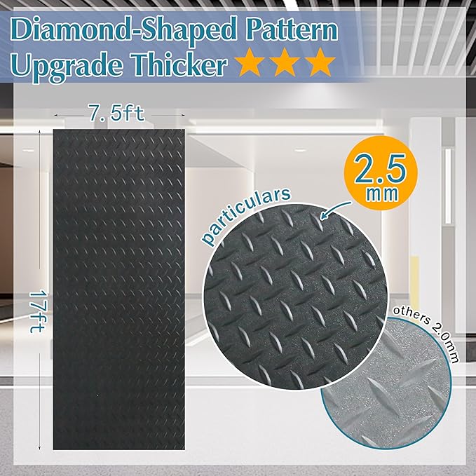 7.5 x 17 FT Garage Floor Mat,2.5 mm Thickness Diamond PVC Garage Flooring Roll, Anti-Slip Shop Floor & Parking mats for Workshop,Gym,Golf Cart Parking or Trailers-PurrikoPets