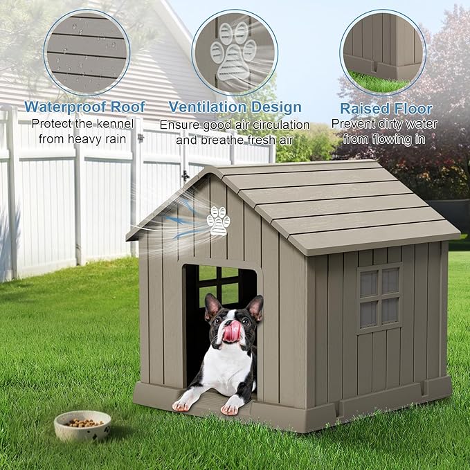 Dog House Indoor Outdoor for Small to Large Sized Dogs Resin Outdoor Dog House with Ventilation Puppy Shelter with Elevated Floor, Easy to Assemble, Blue-PurrikoPets