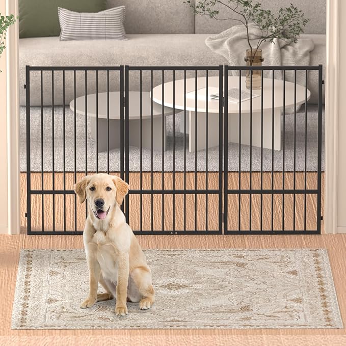 Full Metal Freestanding Dog Gate with Door, 36''Height Foldable Pet Dog Fence for Indoor & Outdoor, 3 Panels Extra Wide Free Standing TallDog Gates for Doorways,House,Stairs,Porch,Deck,Yard-PurrikoPets