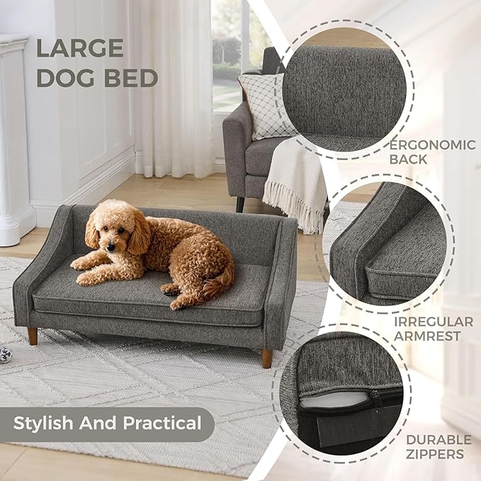 Dog Sofa Couch for Medium to Large Dogs, Durable Pet Sofa with Washable Fabric, Elevated Mini Dog Bed with Wooden Legs for Medium and Large Dogs, Dark Grey-PurrikoPets