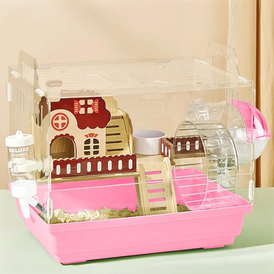 8 in 1 Clear Acrylic Hamster Cage with All Accessories,13.5''L* 10''W* 13''H Dwarf Hamster Cage,Small Hamster Habitat,Garden Style Mouse Cage for Pet Mice,Hamster Enclosure(1-Layer,Pink)-PurrikoPets