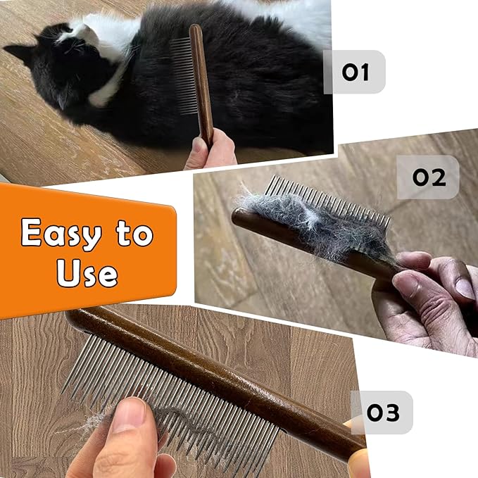 3 Pack Solid Wood Cat Combs, Stainless Steel Teeth for Cat Dog Rabbit Massage, Flea Lice Comb Removes Mats, Tangles and Loose Fur, Grooming Comb for Small Medium Pets-PurrikoPets