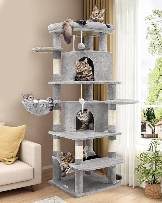 Globlazer Corner Cat Tree for Large Cats, 66inch Tall Curved Series Large Cat Tower for Multiple Indoor Cats with 6 Scratching Posts, 2 Spacious Cat Condos, Hammock, Hanging Basket, C66, Light Grey-PurrikoPets