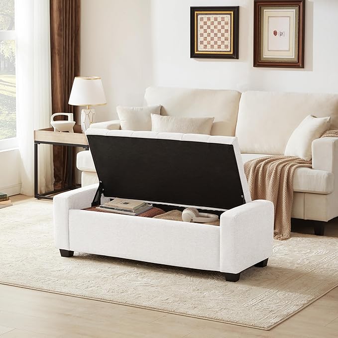 48" Ottoman with Storage, White Storage Ottoman Bench with Safety Hinge, Upholstered Entryway Bench with Seating for Bedroom, Living Room, Holds up to 330 lb-PurrikoPets