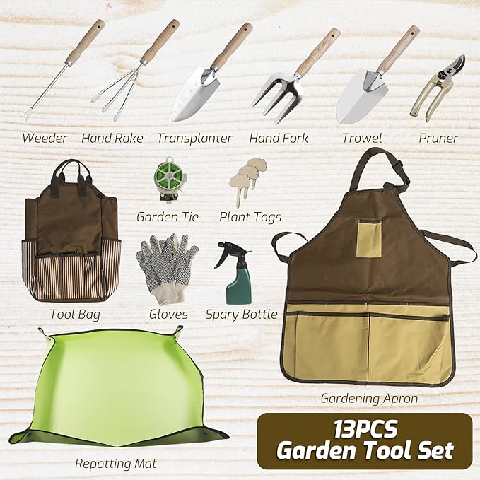 13-Piece Garden Tools Set with Tote Bag & Apron, Repotting Mat - Stainless Steel Heavy Duty Planting Kit, Ergonomic Non-Slip Handles - Gardening Gift for Women, Mom, Home Gardeners-PurrikoPets