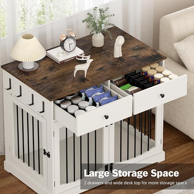 40 Inch Furniture-Style Dog Crate-Multipurpose Wood Pet Crate Furniture with Double Doors,2 Drawers, Decorative Dog House Indoor for Smal/Medium Dogs, White Finish-PurrikoPets