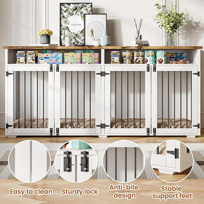 72'' Dog Crate Furniture for 2 Dogs, Wooden Dog Cage with Storage Compartment, Indoor Dog Kennel with 4 Doors for Large/Medium Dogs, White-PurrikoPets