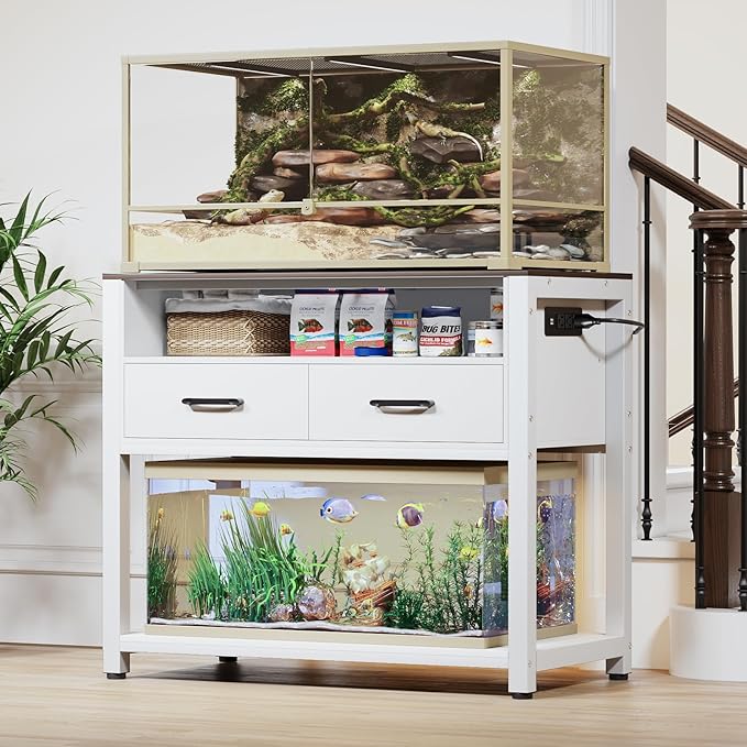40-50 Gallon Fish Tank Stand with Power Outlet & 2 Storage Drawers, Heavy Duty Metal Frame Aquarium Stand with Waterproof Mat, 36.6" L*19.1" W Tabletop, 800LBS Capacity, White+Brown-PurrikoPets