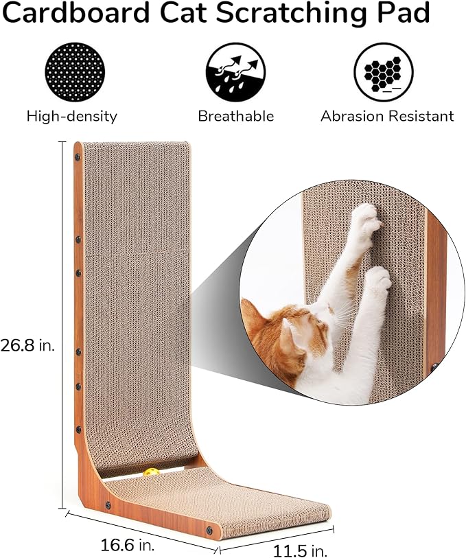 FUKUMARU Cat Scratcher, 26.8 Inch Cat Scratch Pad for Indoor Cats, L Shaped Cardboard Vertical Cats Scratching Board with Ball Toy, Walnut Color, 1 Pack-PurrikoPets