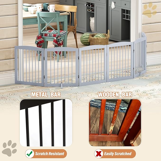 Freestanding Pet Gate for Dogs, Foldable Wooden Dog Gate for House, Extra Wide Indoor Pet Barrier for Stair, Doorway, Hall, Support Feet Included, 120 Inch Wide, 6 Panels 24", Grey-PurrikoPets