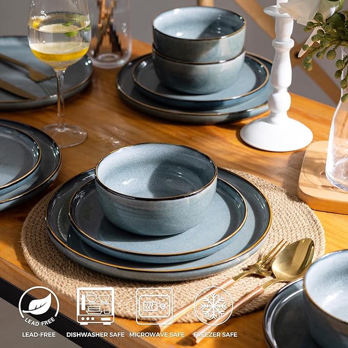 GBHOME Ceramic Dinnerware Sets for 6, 18 Pieces Stoneware Plates and Bowls Sets, Scratch Resistant Dishes, Dishwasher & Microwave Safe, Space Blue-PurrikoPets