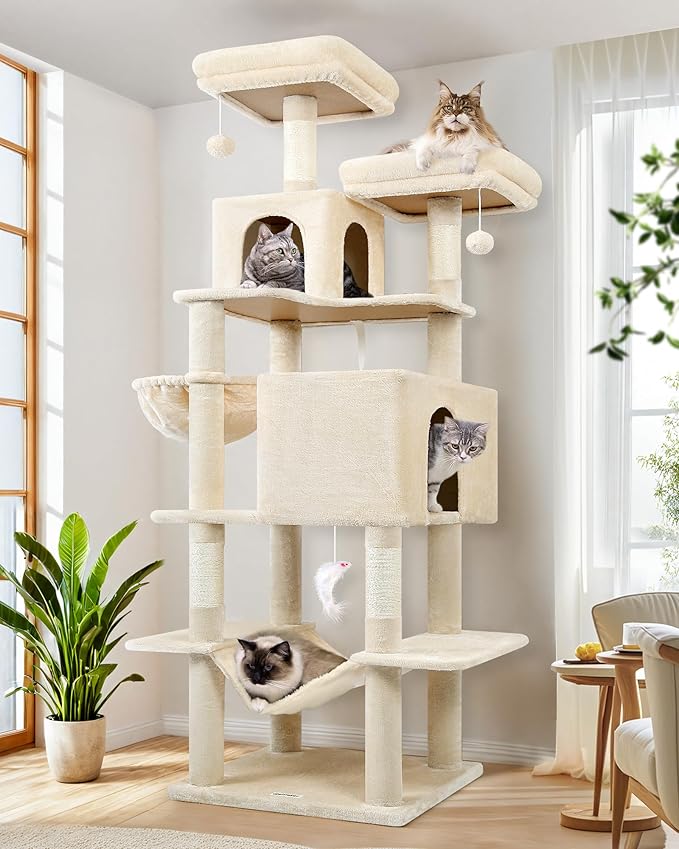 Globlazer Cat Tree Tower, 76-Inch Extra Tall Multi-Level Cat Furniture with Cozy Condos, Hammock and Perches for Adult Cats, Perfect for Climbing, Scratching, and Play, F76, Beige-PurrikoPets