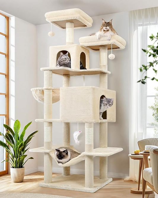 Globlazer Cat Tree Tower, 76-Inch Extra Tall Multi-Level Cat Furniture with Cozy Condos, Hammock and Perches for Adult Cats, Perfect for Climbing, Scratching, and Play, F76, Beige-PurrikoPets
