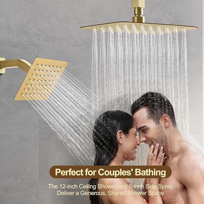 12 Inch Rain Shower System, Brushed Gold Shower Faucet Set with Push Button Diverter, 6 Inch Wall Mounted 3-Functions Bathroom Shower Systems with Dual-Function Handheld (Thermostatic, Gold Brushed)-PurrikoPets