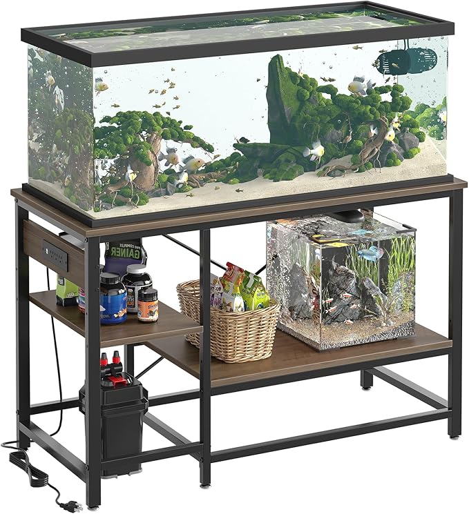 55 Gallon Fish Tank Stand with Charging Station, 49.2x13.8 Metal Aquarium Stand with 3-Tiers Adjustable Storage Shelves, 6-Legs Reptile Terrarium Stand, 700 LBs-PurrikoPets