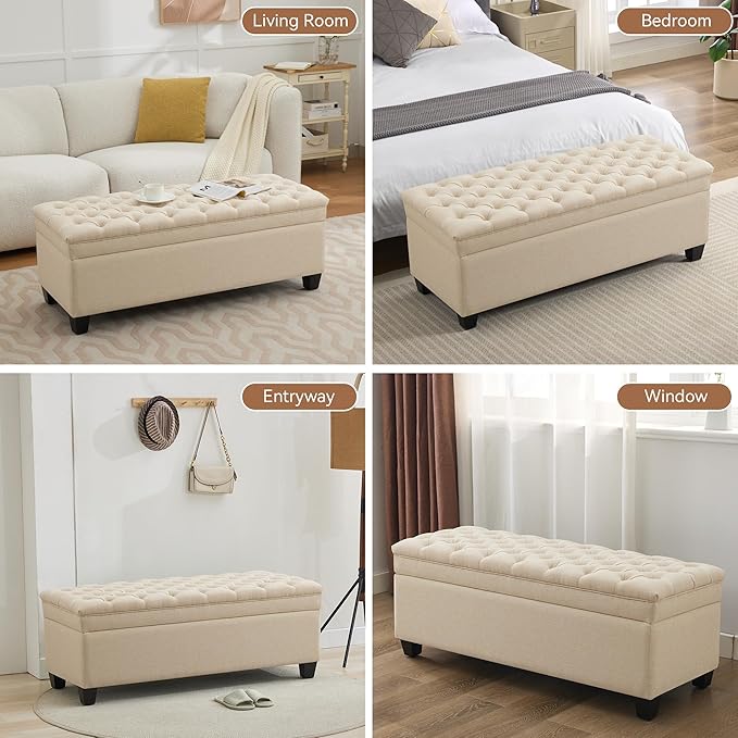 51" Fabric Storage Ottoman Bench, Upholstered Rectangle End of Bed Storage Ottoman Tufted Living Room Bedroom Bench with Safety Hinge, Solid Wood Legs, Loads 500 lb(Khaki)-PurrikoPets