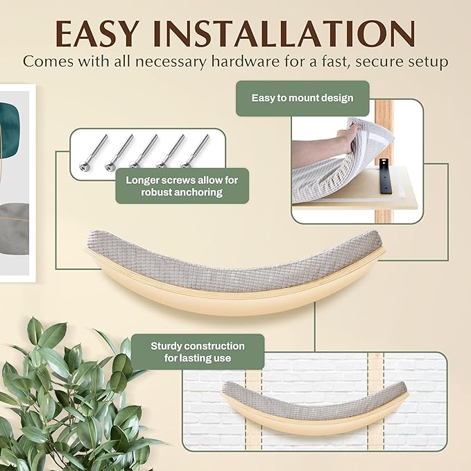 Extra Large 23.6”×14.6” CALLICO HAVEN- Stylish Cat Wall Shelves with Curved Design, Modern Wall-Mounted Cat Tree Hammock with Soft Cushion, Sturdy/Hidden Mounts, Washable Cover, Sleek Design -C Shape-PurrikoPets