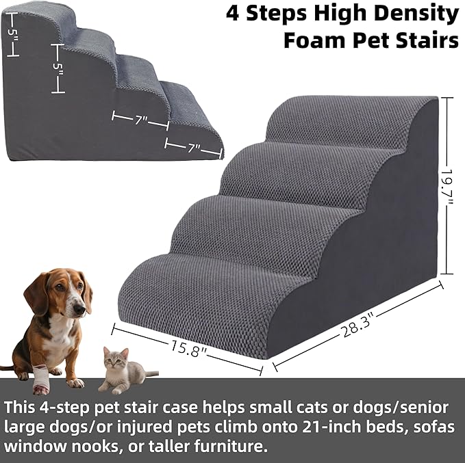 4 Step Pet Stairs Ramp for High Beds Sofas 18-24 Inch with Sturdy Non Slip Waterproof Pads, Machine Washable Cover Indoor Balanced Design for Cats Dogs Small Medium Large XL Pets Grey-PurrikoPets