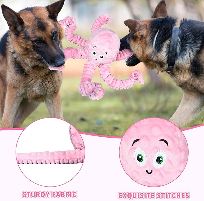 Dog Squeaky Toys Octopus - Tough Plush Large Medium & Small Dog Toys - Stuffed Animals Puppy Toys (Octopus Pink)-PurrikoPets