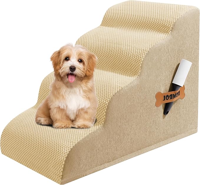 Dog Stairs, Romrol Dog Steps Ramp for High Bed and Couch, Dogs Ramp with Durable Non-Slip Waterproof Fabric Cover, Pet Stairs for Small Dogs and Cats or Pets Joints, 4-TiersBeige-PurrikoPets