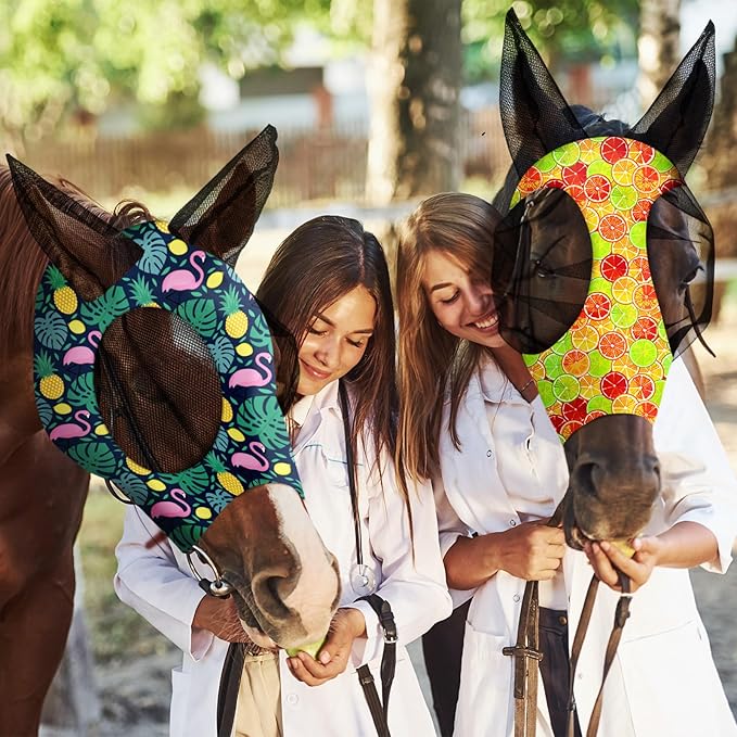 Frienda 4 Pieces Horse Fly Masks with Ears Face Covering UV Protection from Insect Pests Elasticity Smooth Comfortable Mesh Horse Mask Accessories(Fruit,Medium)-PurrikoPets