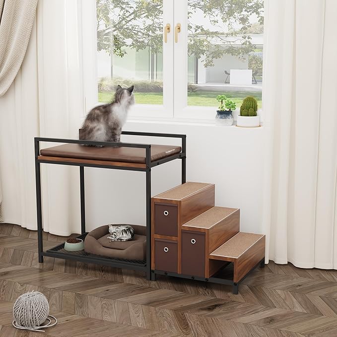 Dog Window Perch, Pet Bunk Bed with Multi-Level Platform, Non-Slip Cat Window Perch with Stroage Drawers, Dog Perch to Look Out Window, Wooden Steps for Small, Large Sized Dogs and Cats-PurrikoPets