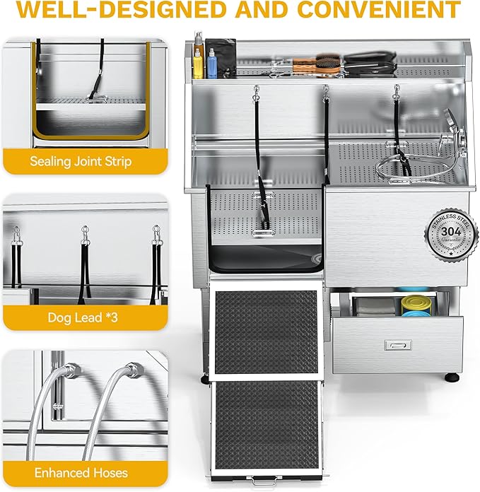 DWVO Professional Dog Bathing Station Stainless Steel 304 Pet Bathtub, 50in Dog Grooming Tub w/Right Door Ramp, 2 Storage Drawers, Grate, Pet Washing Station for Large, Medium, Small Pets-PurrikoPets