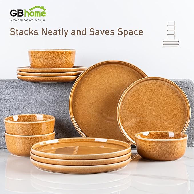 GBHOME Ceramic Dinnerware Sets for 4, 12 Pieces Stoneware Plates and Bowls Sets, Scratch Resistant Dishes, Dishwasher & Microwave Safe, Reactive Glaze-Amber-PurrikoPets