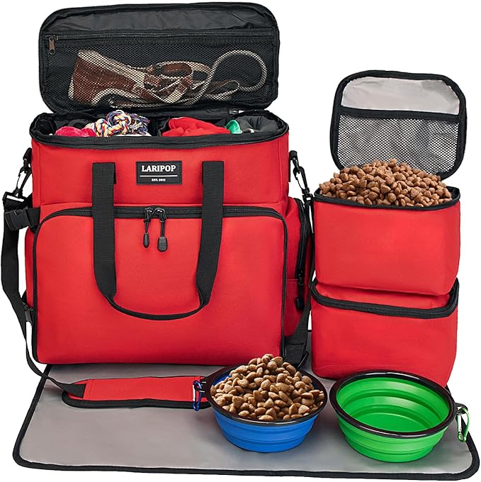 Dog Travel Bag,Weekend Pet Travel bag Set for Dog and Cat,Airline Approved Tote Multi-Function Bags for Traveling,Include 2 Collapsible Bowls,2 Food Storage Containers,1 Feeding Mat,Red-PurrikoPets