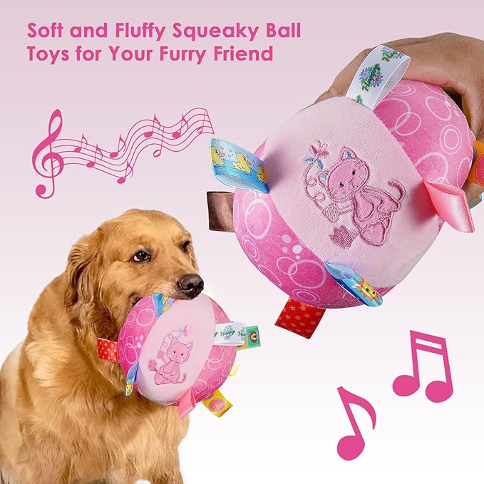 Dog Squeaky Plush Toy with Straps, 6-Inch Soft Stuffed Ball with Cotton Material and Bell Built-in, Pet Interactive Fetch Toy for Small to Large Dog-PurrikoPets