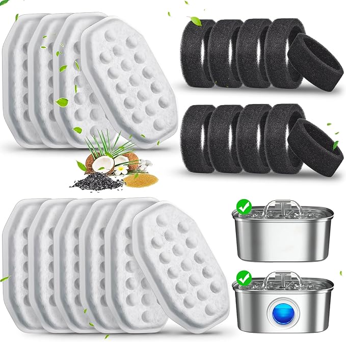 20 Pack Cat Water Fountain Filters-Cat Fountain Replacement Filters for Stainless Steel 3.2L/108oz Adjustable Water Flow Cat Fountain(10 Pack Pet Water Filter Refills+10 Pack Sponges)-PurrikoPets