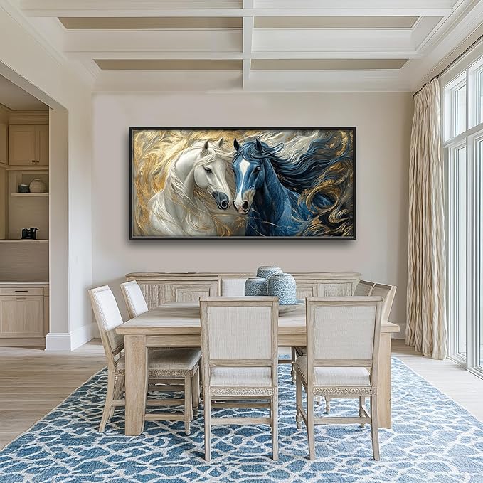 Framed Large Horse Wall Art for Living Room, Oversized Abstract Horses Wall Decor Blue and Golden Canvas Painting Animal Pictures Modern Artwork for Living Room Bedroom Office 60"x30"-PurrikoPets