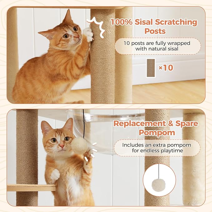 71" Tall Wood Cat Tree for Large Cats, Modern Cat Tower with 2 Acrylic Bowls, Large Top Perch, Spacious Cat Cave (Soft Cushion Included), 10 Sisal Scratching Posts and Non-Slip Jump Platforms-PurrikoPets