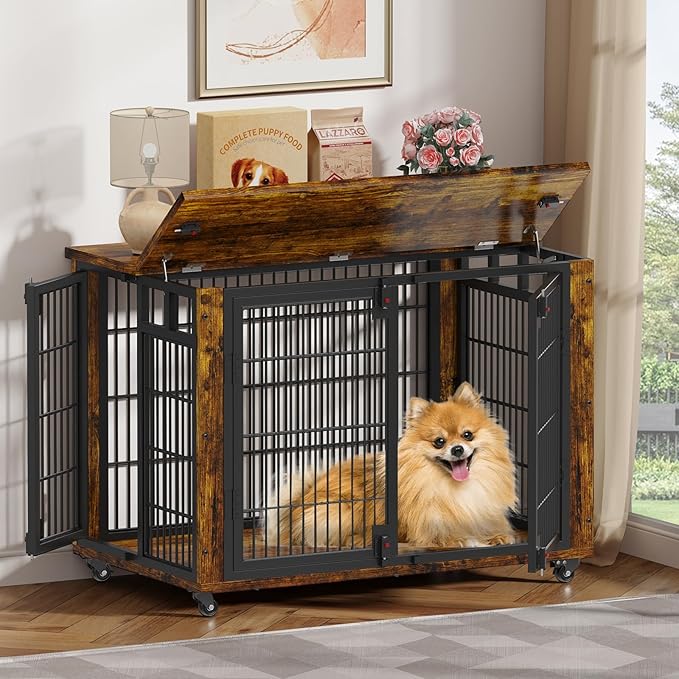EasyCom 90% Pre-Assembled 33" Small and Meidum Dog Kennel Indoor Furniture, Wooden Dog Crate Furniture with Top-Access Teasing/Feeding Doors, for Medium and Small Breed, with Wheels Moveable-PurrikoPets