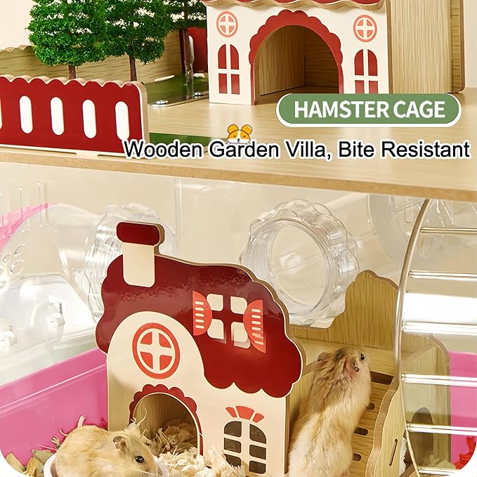 12 in 1 Clear Acrylic Hamster Cage with All Accessories,13.5''L*10''W*15''H Dwarf Hamster Cage,Magnetic Connection Small Hamster Enclosure,Wooden Mouse Cage for Pet Mice(2-Layer,Pink) Install Required-PurrikoPets