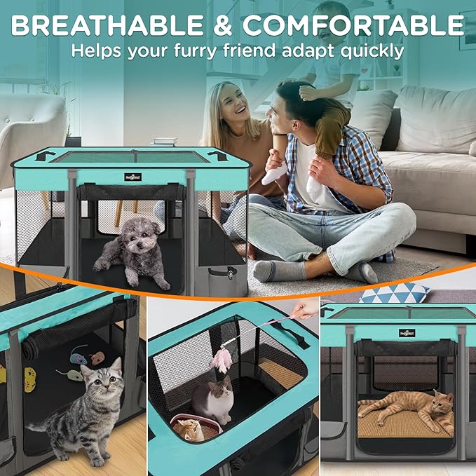 Foldable Pet Kitten Playpen, Waterproof Portable Pet Cat Dog Playpen Kennel Tent for Small Dog Cat, Removable Shade Cover, Come with Free Carrying Case, Indoor Outdoor Use for Small Animals, BlackTeal-PurrikoPets