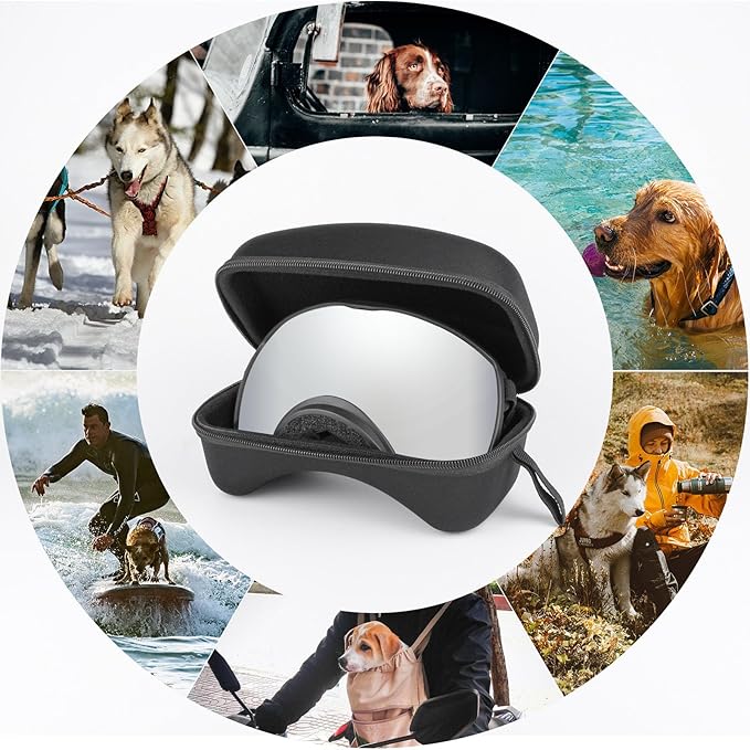 Dog Sunglasses UV Protection Clear Dog Goggles Windproof Glasses with Elastic Straps for Medium-Large Breed, Black Frame + Silver Lens-PurrikoPets