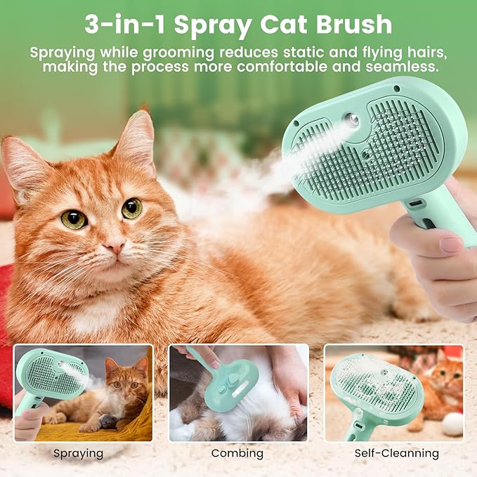3 in 1 Cat Steam Brush, Pet Spray Hair Removal Comb for Shedding & Grooming, Water Brush for Cats Dogs Small Animals Long Short Haired with One-Click Release Button(Green)-PurrikoPets