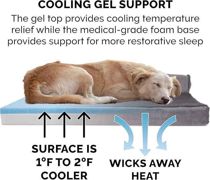 Furhaven Cooling Gel Dog Bed for Large/Medium Dogs w/ Removable Bolsters & Washable Cover, For Dogs Up to 55 lbs - Plush & Velvet L Shaped Chaise - Platinum Gray, Large-PurrikoPets