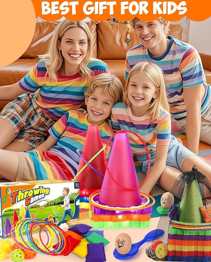 Eocolz 49PCS Carnival Games Outdoor Combo Set for Kids with LED Light, Plastic Cones Obstacle Course Bean Bags Balls Ring Toss Game Egg and Spoon Race Lawn Game, Gift for Birthday Party/Xmas/Easter-PurrikoPets