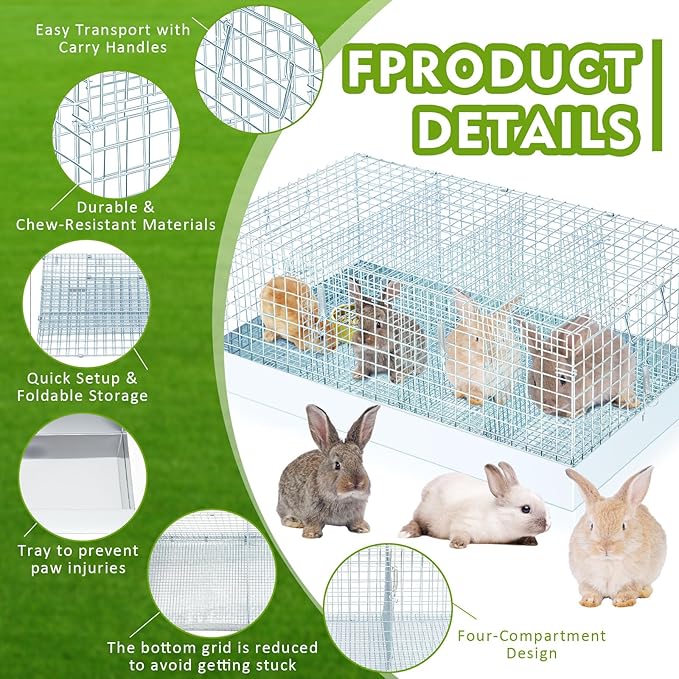 Folding Rabbit Cage, 28 x 16 x 12 in Portable Bunny Carrier with Tray and Handles for Transport, Travel or Temporary Housing, Indoor Outdoor Pet Habitat Animal Enclosure-PurrikoPets