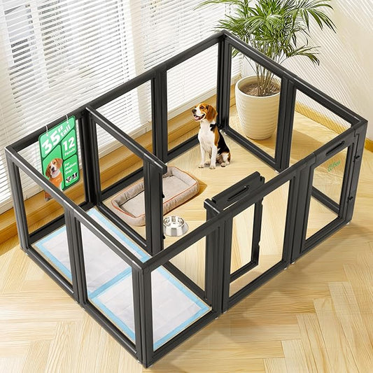 FXW AuraSpace Acrylic Indoor Unleashed Dog Playpen for Medium Dogs, 35 Inch, 12 Panels, Black-PurrikoPets