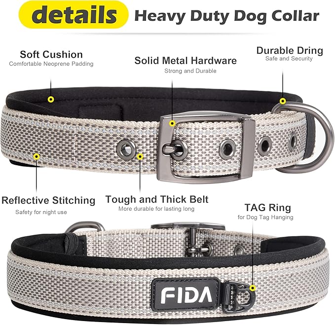 Fida Heavy Duty Dog Collar, Ultra Comfortable Soft Neoprene Padded, Adjustable Reflective Nylon Pet Collar with Durable Metal Belt Buckle for Medium Breeds (M, Grey)-PurrikoPets