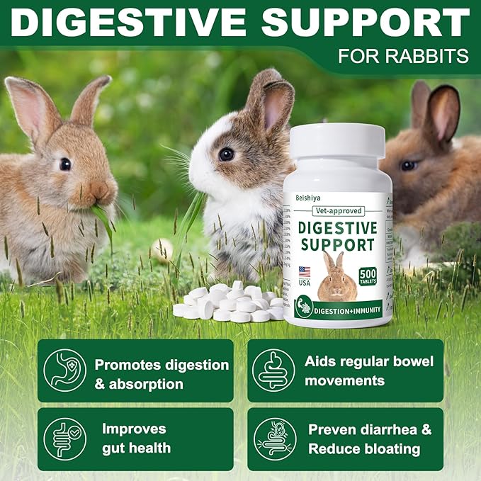 500 Tablets, Digestive Support Rabbit, Support GI Stasis, Bloat, Constipation, and Diarrhea, Strengthens Immune System, Premium Formula with High Fiber, Vitamins and Probiotics, Non-GMO-PurrikoPets