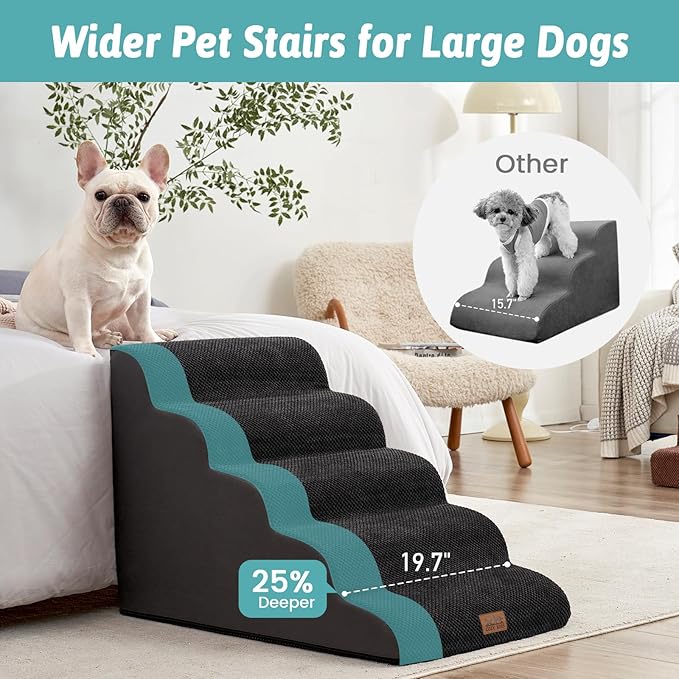 Extra Wide Dog Stairs 19.7" Width, Large Pet Step for Small Medium Dog, Puppy or Cat, Ramp for High Bed or Car, High Density Foam Ladder, Stable, 5 Step, 19.7x33x22.4 inch, Black-PurrikoPets