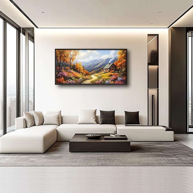 Framed Large Autumn Mountain Wall Art for Living Room, Oversized Wildflower Tree Wall Decor Nature Landscape Canvas Painting Modern Artwork Home Decoration for Living Room Bedroom 60"x30"-PurrikoPets