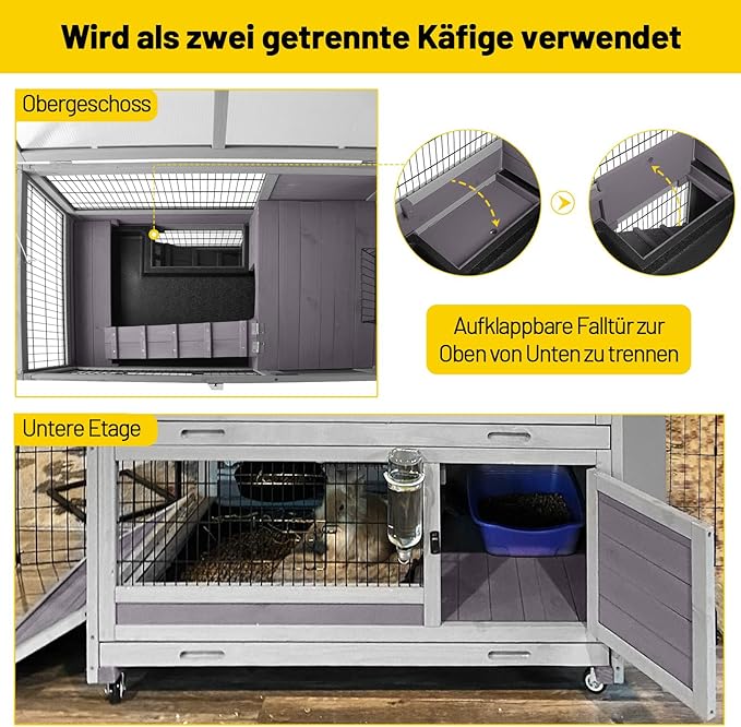 Aivituvin Rabbit Hutch Rabbit Cage Outdoor & Indoor on Wheels Bunny cage with Deep No Leak Pull Out Tray,Upgrade Version (Gray)-PurrikoPets