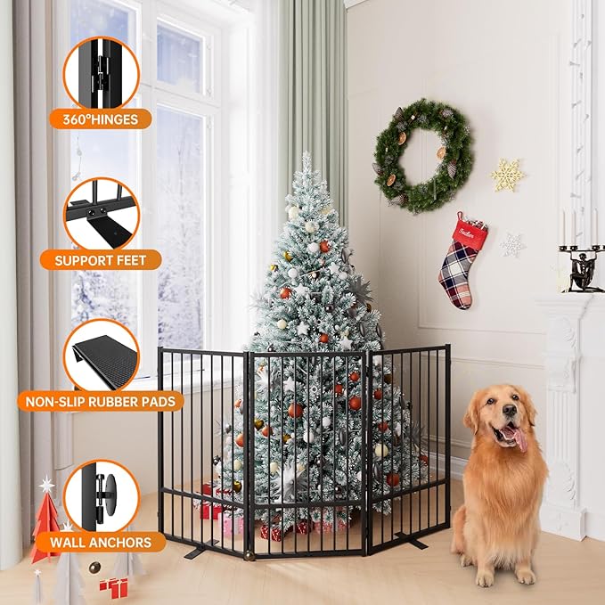 Full Metal Freestanding Dog Gate with Door, 36''Height Foldable Pet Dog Fence for Indoor & Outdoor, 3 Panels Extra Wide Free Standing TallDog Gates for Doorways,House,Stairs,Porch,Deck,Yard-PurrikoPets