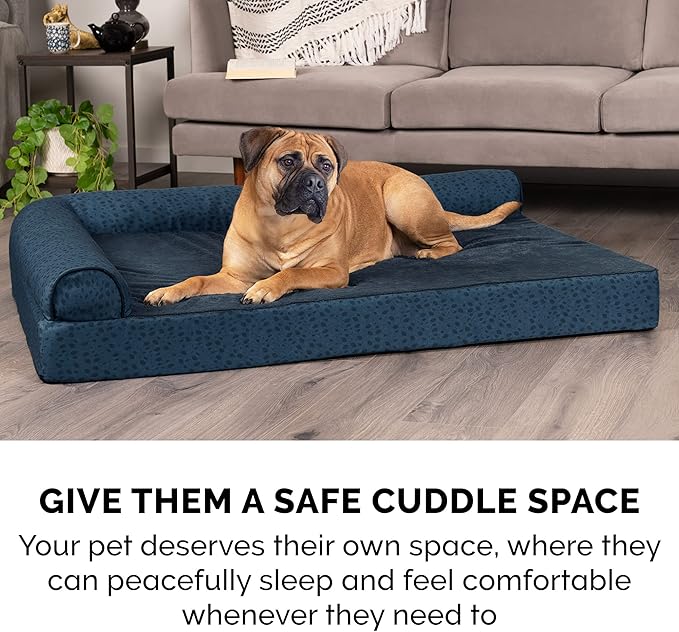 Furhaven Cooling Gel Dog Bed for Large Dogs w/ Removable Bolsters & Washable Cover, For Dogs Up to 95 lbs - Plush & Almond Print L Shaped Chaise - Blue Almonds, Jumbo/XL-PurrikoPets