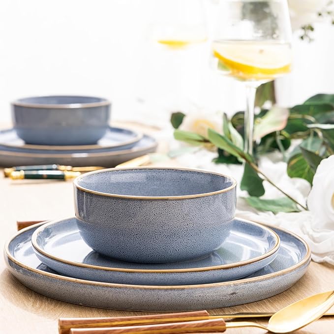 GBHOME Ceramic Dinnerware Sets for 8, 24 Pieces Stoneware Plates and Bowls Sets, Scratch Resistant Dishes, Dishwasher & Microwave Safe, Reactive Glaze-Brunnera Blue-PurrikoPets